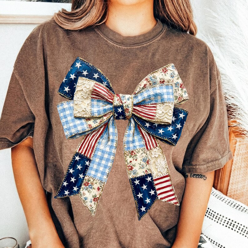 Fiocco patriottico PNG, design vintage del fiocco USA per il 4 luglio, nastro floreale americano per trapunte immagine 3