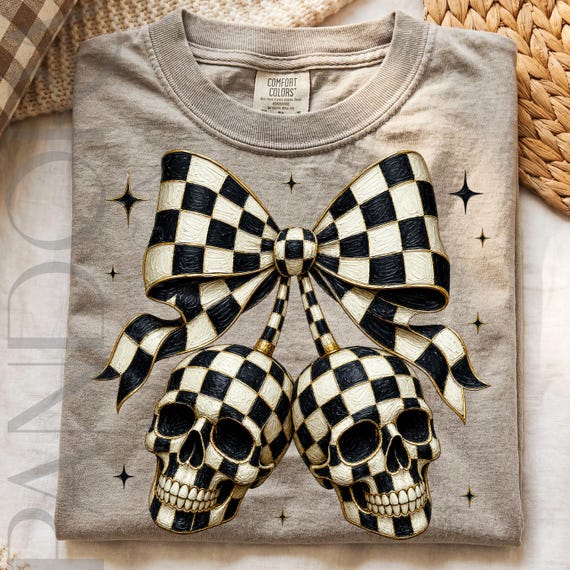 Checkered Skull Bow Png, Gothic Black White Sublimation, Halloween Coquette Design