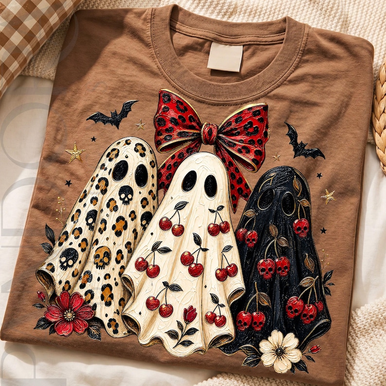 Puede incluir: Una camiseta marr&oacute;n con un gr&aacute;fico de tres fantasmas. El fantasma de la izquierda tiene estampado de leopardo con calaveras, el central tiene cerezas y el de la derecha es negro con cerezas de calavera rojas. Un gran lazo de leopardo rojo corona el dise&ntilde;o.