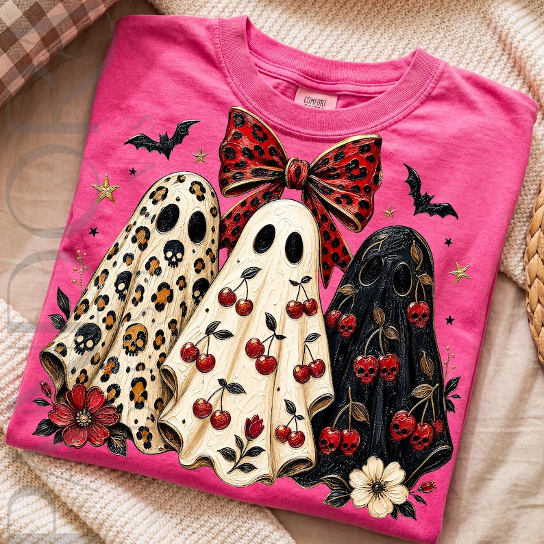 Puede incluir: Una camiseta rosa brillante con un gr&aacute;fico de tres fantasmas. Un fantasma tiene estampado de leopardo con calaveras, otro tiene un patr&oacute;n de cerezas y el tercero es negro con cerezas-calavera. Un gran lazo rojo de leopardo los corona.
