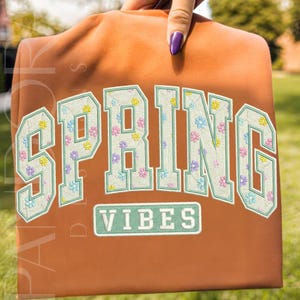 May include: An orange-brown sweatshirt with the word "SPRING" in large, floral-filled letters, outlined in light green. Below, the word "VIBES" is in a smaller, matching font. The design is embroidered.