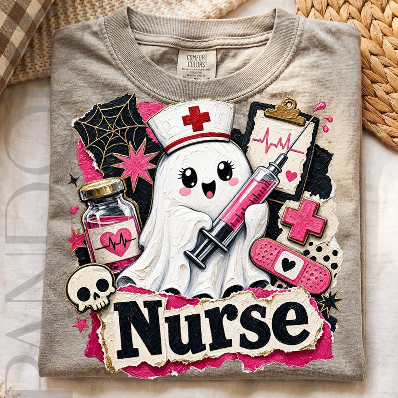 Sjuksköterskespöke png, Halloween-sjuksköterskedesign, söt medicinsk spöke-sublimering, rosa läskig sjuksköterska digital nedladdning bild 3
