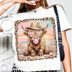 Cute highland cow wearing heart sunglasses and a straw hat, blowing bubble gum, with a beach sunset background and leopard print frame.