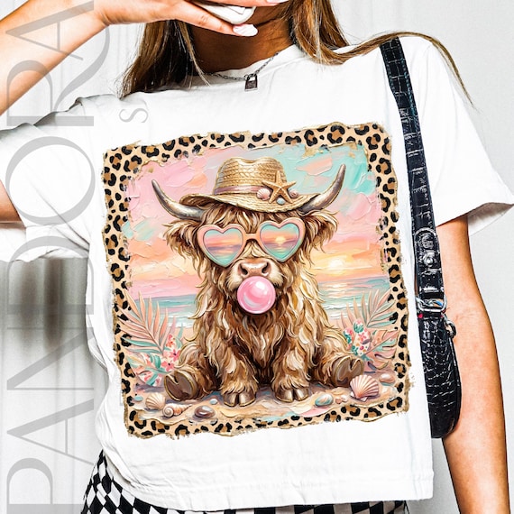 Highland Cow Png, Cute Summer Cow Design, Beach Cow with Leopard Frame