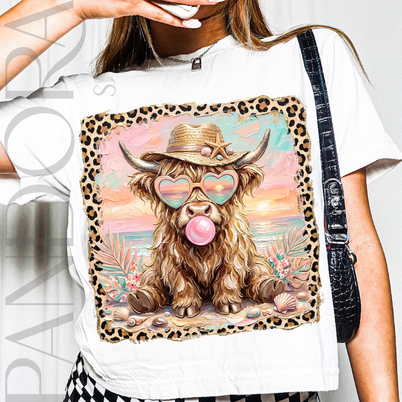 Cute highland cow wearing heart sunglasses and a straw hat, blowing bubble gum, with a beach sunset background and leopard print frame.