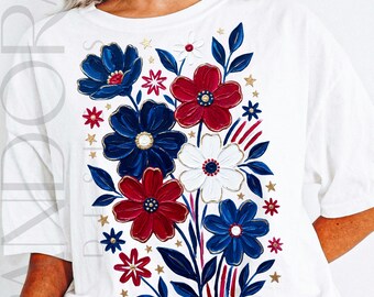 Patriotic Floral Png, 4th of July Flowers Design, USA Red White Blue Floral, Impasto Oil Painting Style, Sublimation Shirt Png