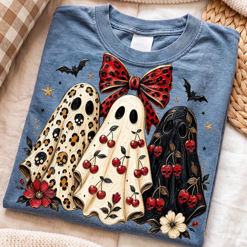 Puede incluir: Una camiseta azul con un gr&aacute;fico de tres fantasmas. El fantasma de la izquierda tiene estampado de leopardo con calaveras, el central tiene un patr&oacute;n de cerezas y el de la derecha es negro con calaveras en forma de cereza. Un lazo rojo arriba.