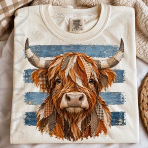 Patchwork Highland Cow Png, Rustic Fabric Cattle Portrait, Sublimation Digital File