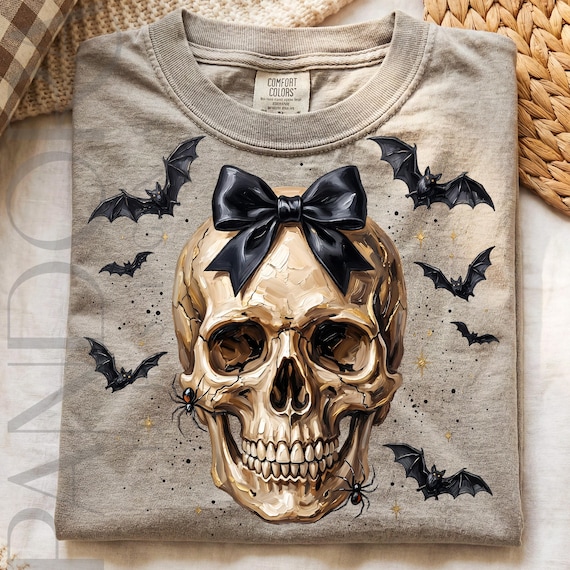Gothic Skull Png, Black Bow Halloween Design, Spooky Bats Sublimation Shirt