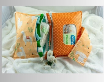 Alpaca diaper nappy and wet wipes wallet clutch,bag,diaper bag,nappy bag,new baby gift,baby shower,baby,baby accessory,newborn,orange cotton