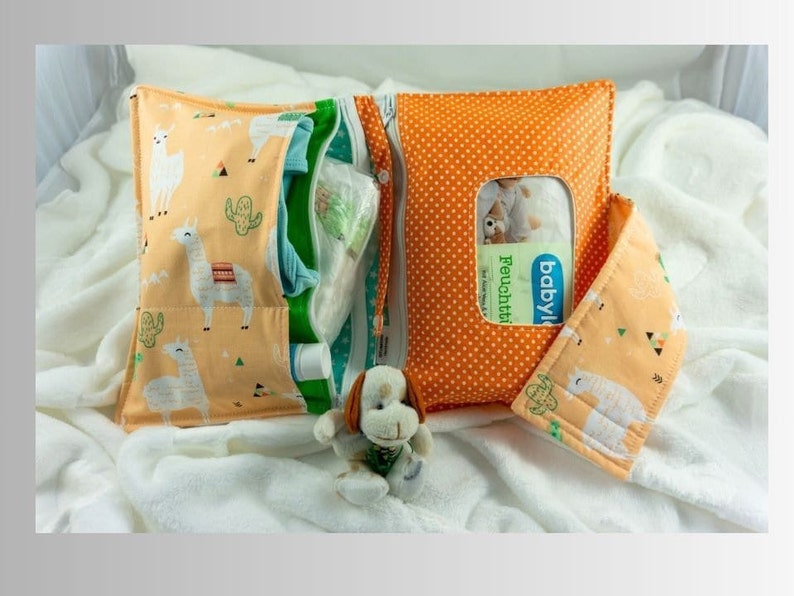 Alpaca diaper nappy and wet wipes wallet clutch,bag,diaper bag,nappy bag,new baby gift,baby shower,baby,baby accessory,newborn,orange cotton zdjęcie 1