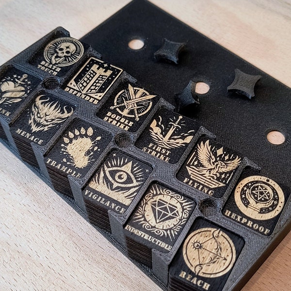 Wooden Ability Counter Set compatible with Magic (MTG) - Laser engraved Set with 3D printed Storage Box- Alternative Artworks