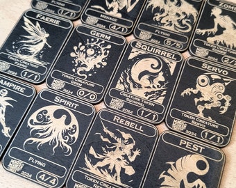 Wooden Creature Tokens/Proxy Set compatible with Magic (MTG) - Squirrel, Saproling, Goblin- Laser engraved Set with 3D printed Storage Box