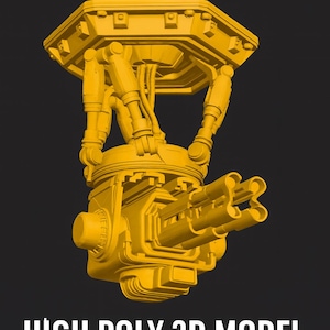 May include: A yellow sci-fi turret 3D model, ready for 3D printing. The image features the text "SCI-FI TURRET" at the top and "HIGH POLY 3D MODEL READY FOR 3D PRINTING" at the bottom, set against a black background.