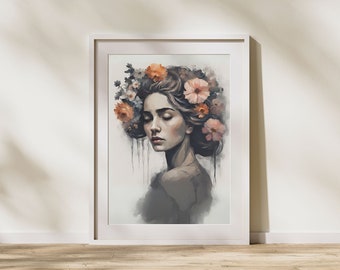 Moody portrait of woman with flowers in her hair, Printable feminine wall art, Head of Flowers illustration, Flower head print
