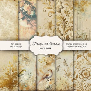 Pages de journal indésirables crème et or grunge, papier grunge crème et or pour collage, scrapbooking numérique, papier numérique crème, pages à deux volets
