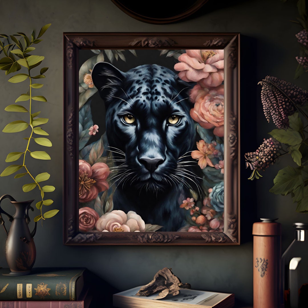 Black Panther Art Print, Moody Boho Floral Jaguar Print, Big Cat Wall ...