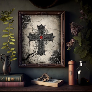 Gothic Cross Print, Printable alternative wall art, Dark art illustration for Goth Aesthetic
