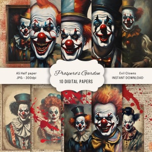 Medios papeles de payaso espeluznante, páginas de diario basura de estilo vintage de payaso de terror malvado, kit de papel de álbum de recortes digital, circo embrujado aterrador imprimible