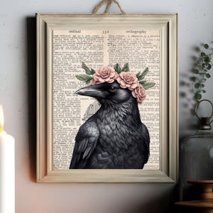 Crow print, Printable Floral Crow wall art, Crow with a floral crown Vintage book page illustration, Raven print gift, Dark cottagecore art