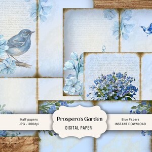 Blue Floral Junk Journal Bifold Papers, Scrapbook and Collage Digital Paper, Blue Printable Journal Half Papers, Digital Junk Journal Kit