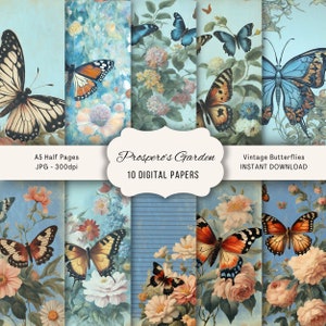 Papéis de borboletas vintage para artesanato, borboleta de decoupage para imprimir, papel para cartas botânico, meio papel de borboletas florais, papéis de álbum de recortes
