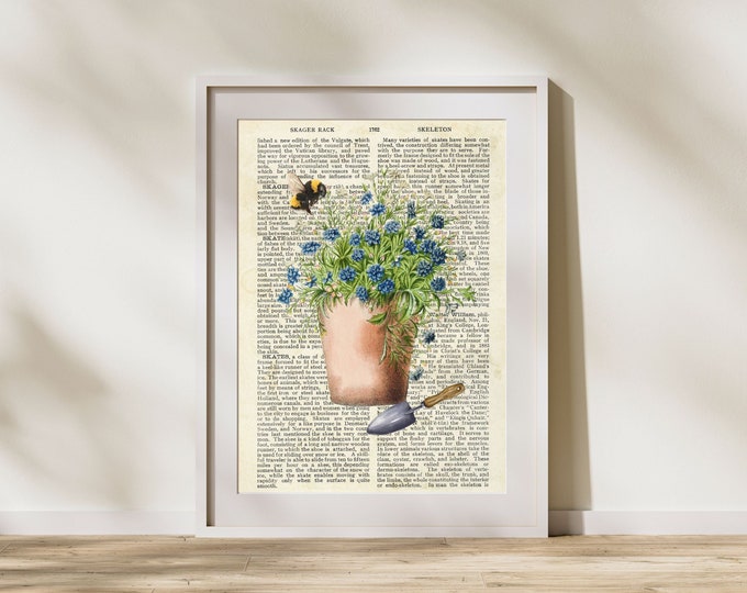 Vintage style flower pot and bee Print, Vintage floral wall art, flower pot and bee botanical illustration, light academia, gardener gift