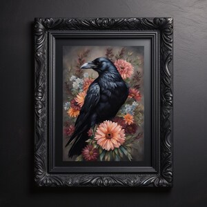 Crow print, Printable Floral Crow wall art, Moody Boho Crow with a floral crown illustration, Raven print gift, Dark cottagecore art