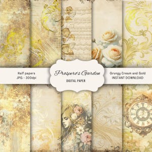 Pages de journal indésirables crème et or grunge, papier grunge crème et or pour collage, scrapbooking numérique, papier numérique crème, pages à deux volets