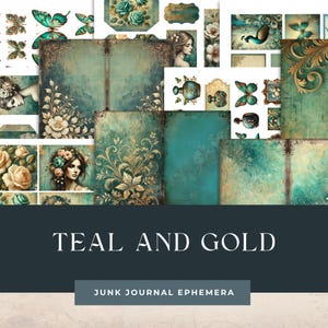 Teal and Gold Junk Journal and Collage Ephemera Ebook, blaugrüner und goldener Schmetterling und florale Ephemera für Journals und Digitales Scrapbooking