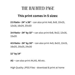 May include: A black and white informational graphic titled THE HAUNTED PAGE. It lists five print sizes with ratios: 2:3 (24x36 inches), 3:4 (24x32 inches), 4:5 (24x30 inches), 11x14 inches, and A3. It notes high quality JPEG files for home printing.