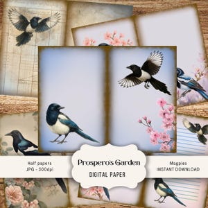 Pages de journal indésirable Magpie, papier Pie pour collage, scrapbooking numérique, demi-papier numérique ornithologie et oiseaux, pages à deux volets