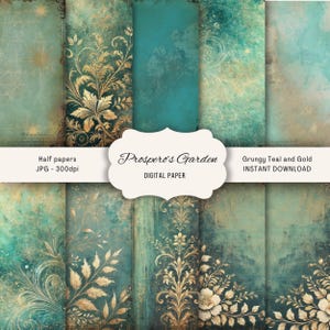Pages de journal indésirables bleu sarcelle et or grunge, papier grunge sarcelle et or pour collage, kit de scrapbooking numérique, papier numérique sarcelle, pages à deux volets