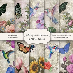 Kit de journal indésirable colibris et papillons, demi-papiers floraux neutres, fourniture scrapbooking imprimable, téléchargement JPG, pages rustiques pliées en deux