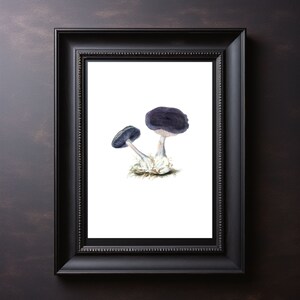 May include: A framed illustration of two purple mushrooms with white stems and a light brown background.