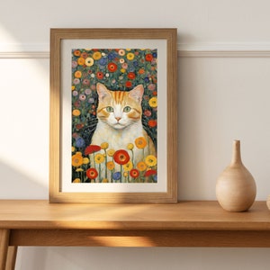 Estampa de gato ruivo estilo Klimt: arte simbolista floral artística (download digital)