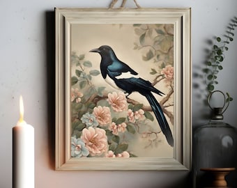 Magpie Art Print: Victorian Floral Bird Illustration (Digital Download)