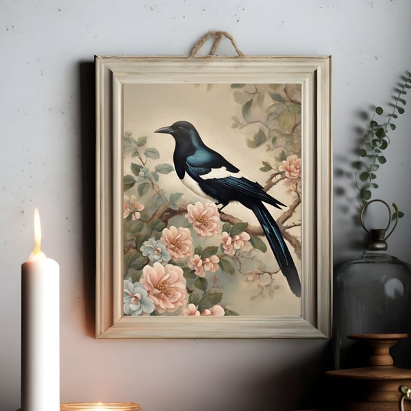 Eurasian Magpie Art Print, Black Billed Magpie Illustration, Dark Victorian wall art, Vintage style woodland bird ornithology gift