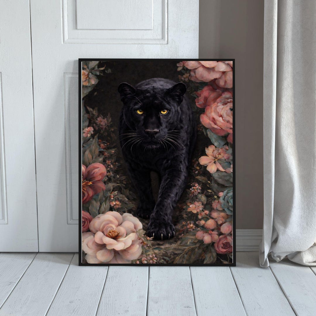 Black Panther Floral Art Print: Moody Boho Gothic Jaguar Wall Art Matte ...