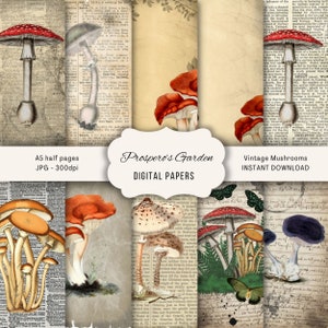 Vintage style mushroom Junk Journal Pages for Journalling, or collage, Digital scrapbooking kit, Book art style fungi ephemera for crafting