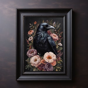 Crow print, Printable Floral Crow wall art, Moody Boho Crow with a floral crown illustration, Raven print gift, Dark cottagecore art