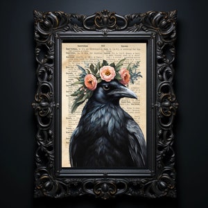 Crow print, Printable Floral Crow wall art, Crow with a floral crown Vintage book page illustration, Raven print gift, Dark cottagecore art
