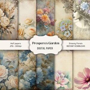 Dreamy Florals Junk Journal Pages, papier floral grunge pour collage, scrapbooking numérique, demi-papier numérique fleurs colorées, pages à deux volets