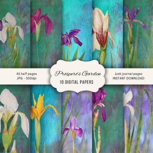 Irises Junk Journal Pages for crafting, Peacock colours texture paper, Vivid floral ephemera for journaling, Digital scrapbooking kit