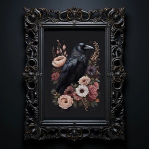 Crow print, Printable Floral Crow wall art, Moody Boho Crow with a floral crown illustration, Raven print gift, Dark cottagecore art