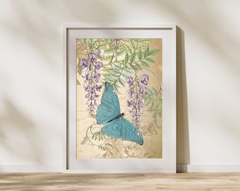 Vintage style Butterfly and Wisteria Print, foliage wall art, Wisteria and butterfly botanical illustration, flower and butterfly art