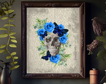 Floral skull art print, Skull with butterflies on vintage paper digital print, sugar skull illustration, Gothic or skull lover art download