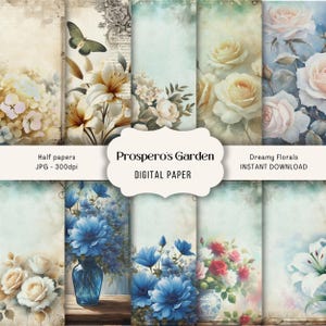 Dreamy Florals Junk Journal Pages, papier floral grunge pour collage, scrapbooking numérique, demi-papier numérique fleurs colorées, pages à deux volets