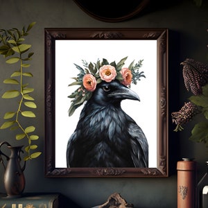 Crow print, Printable Floral Crow wall art, Crow with a floral crown illustration, Raven print gift, Dark cottagecore art