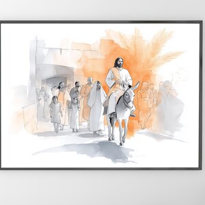 Palm Sunday art digital, Jesus on donkey home decor to print, Hosanna wall print, Christ enters city, Holy week artwork, Jerusalem arrival,